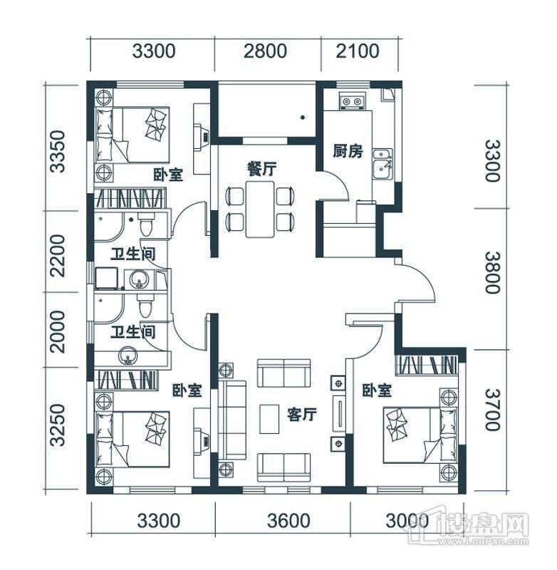 120平米洋房标准层户型3室2厅2卫1厨-