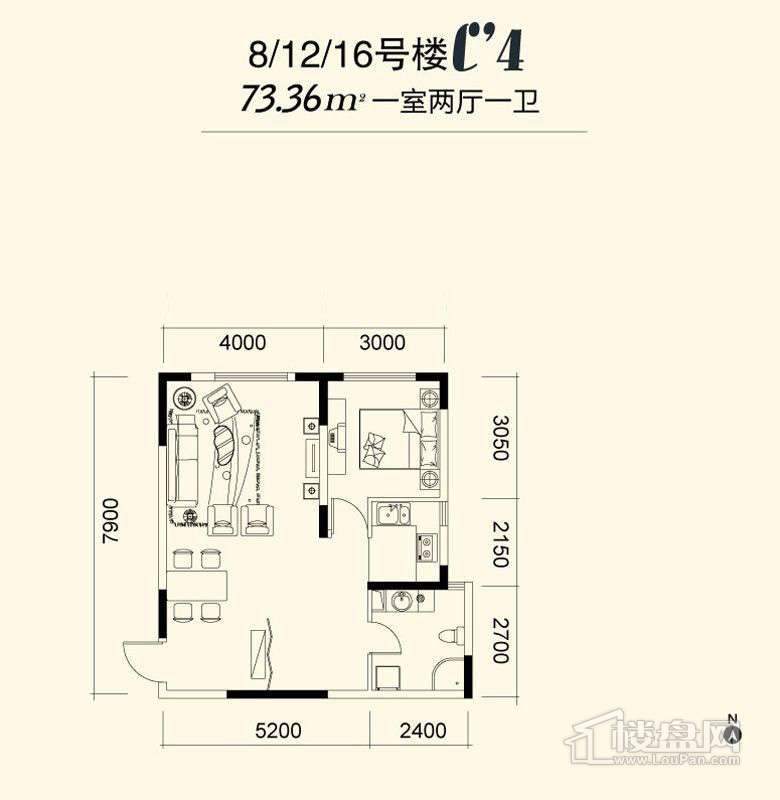 洋房c4反标准层户型1室2厅1卫1厨-