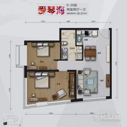 公寓2号楼6-25层爱琴海10户型2室2厅1卫1厨