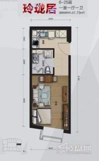 公寓2号楼6-25层玲珑居01户型1室1厅1卫1厨