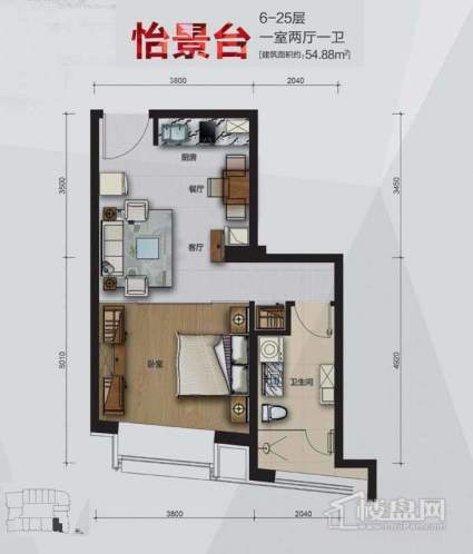 公寓2号楼6-25层怡景台14户型1室2厅1卫1厨