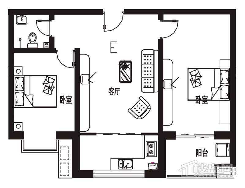 洋房标准层E户型2室1厅1卫1厨 