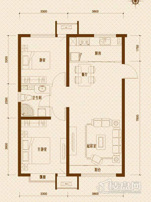 D地块6号楼标准层D8户型2室2厅1卫1厨 