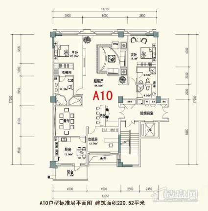 一号院标准层A10户型3室2厅3卫1厨 220.52㎡.