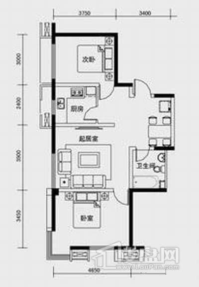 1、2、3号楼标准层C2户型2室2厅1卫