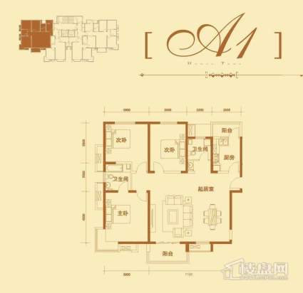 1号楼标准层a1户型3室2厅2卫1厨 160.87㎡