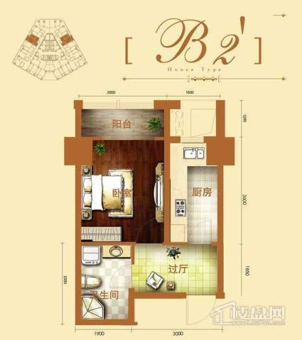 2号楼标准层b2户型1室1厅1卫1厨 41.62㎡