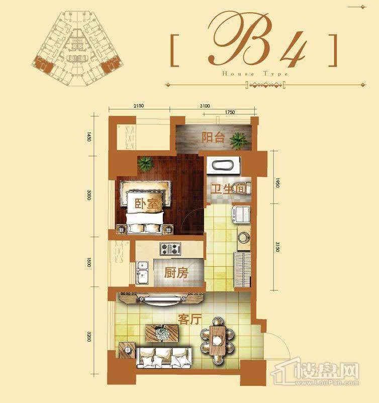 2号楼标准层b4户型1室1厅1卫1厨 61.38㎡