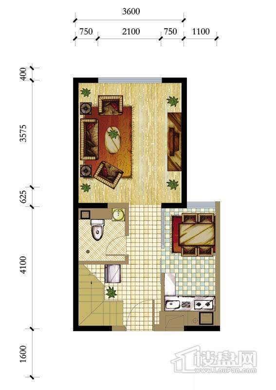 A座标准层A户型1室1厅1卫1厨 50.19㎡