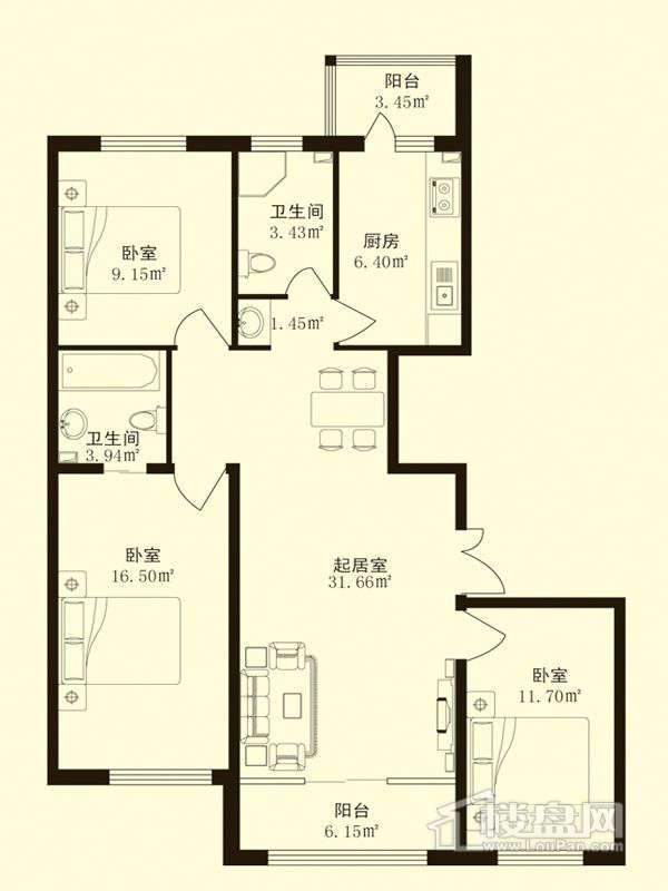 香悦蓝天下I户型3室1厅2卫1厨 