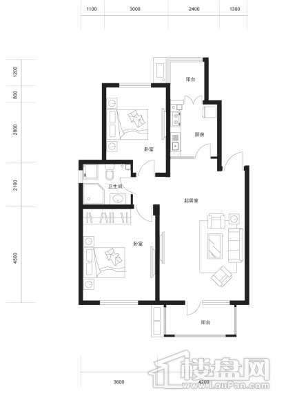 高层标准层A4’户型2室1厅1卫1厨
