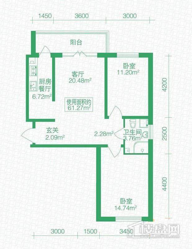 北岸上筑B户型2室2厅1卫1厨 