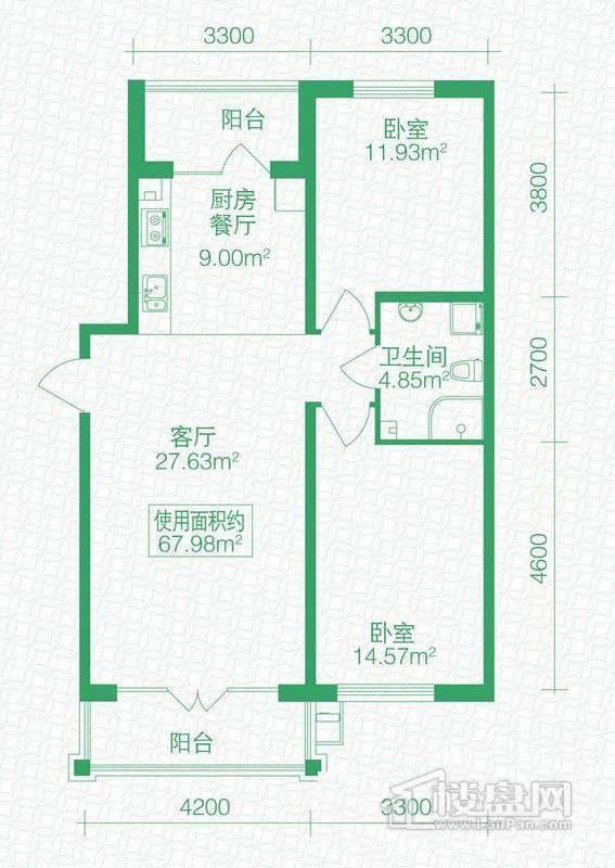 北岸上筑C户型2室2厅1卫1厨 