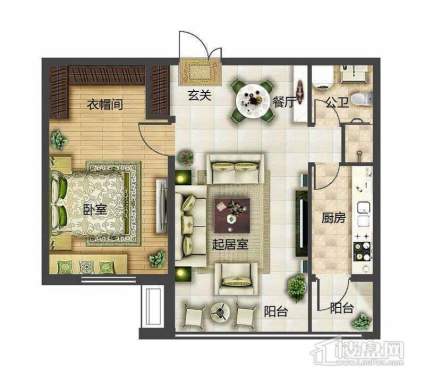 鲁商松江新城G户型1室2厅1卫1厨 