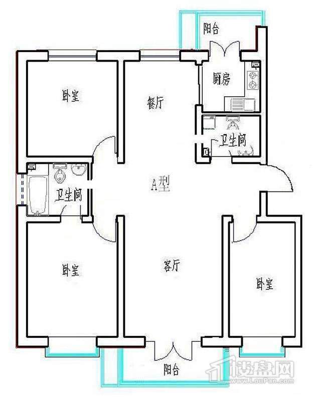 一期1号楼标准层A户型图3室2厅2卫1厨 127.00㎡.jpg