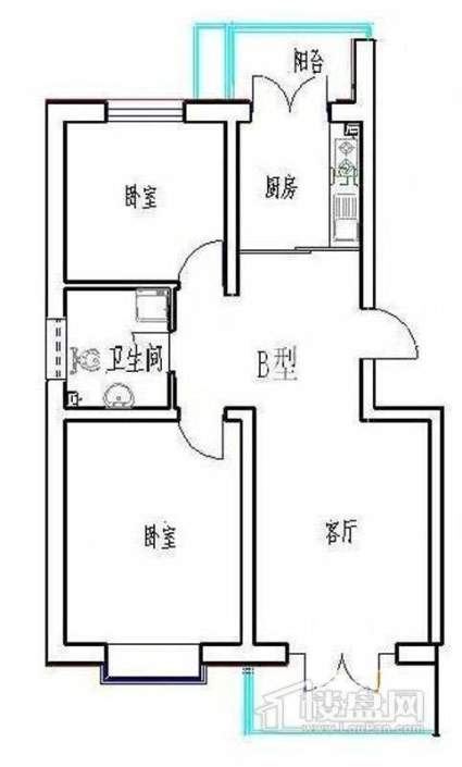 一期1号楼标准层B户型图2室2厅1卫1厨 92.00㎡.jpg