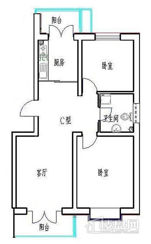 一期1号楼标准层C户型图2室1厅1卫1厨 86.00㎡.jpg