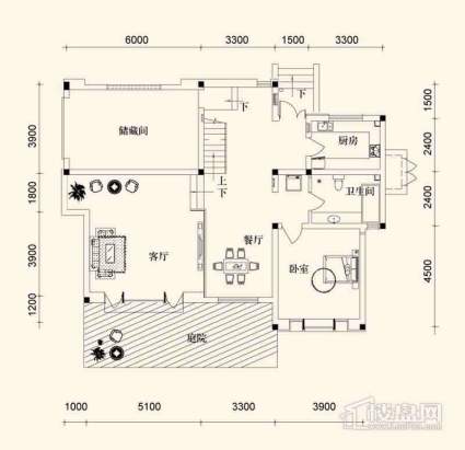 一期独栋D户型一层1室2厅1卫1厨 245.00