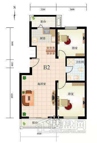 一期1号楼标准层B2户型图2室2厅1卫1厨 104.16