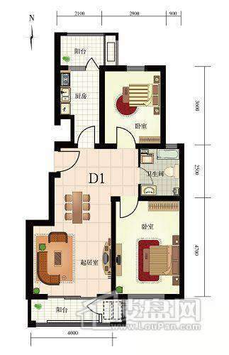 一期1号楼标准层D1户型图2室2厅1卫1厨 89.57