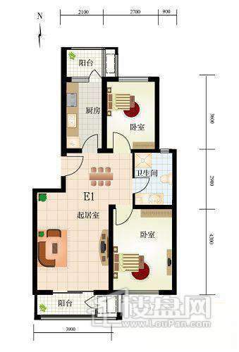 一期1号楼标准层E1户型图2室2厅1卫1厨 89.93