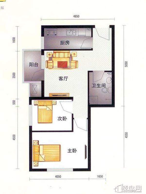 高层标准层2室户型2室1厅1卫1厨 79.00