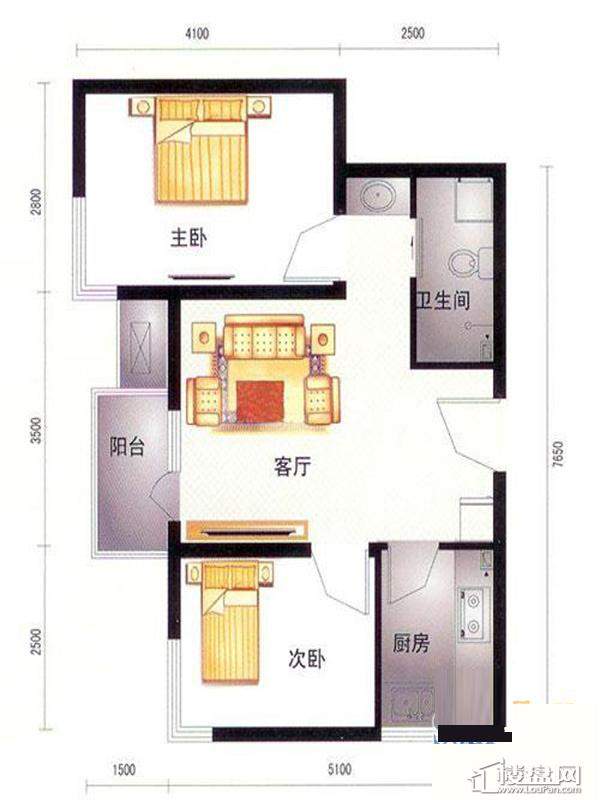 高层标准层2室户型2室1厅1卫1厨 80.00