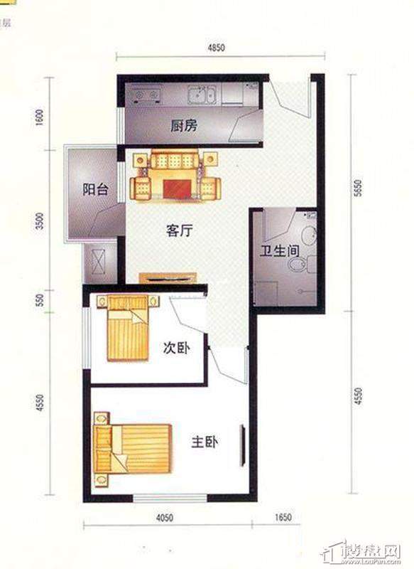高层标准层2室户型2室2厅1卫1厨 77.00