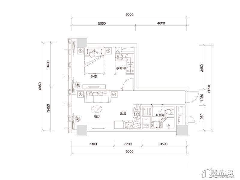 百大绿城西子国际B1户型1室2厅1卫1厨 80.00㎡