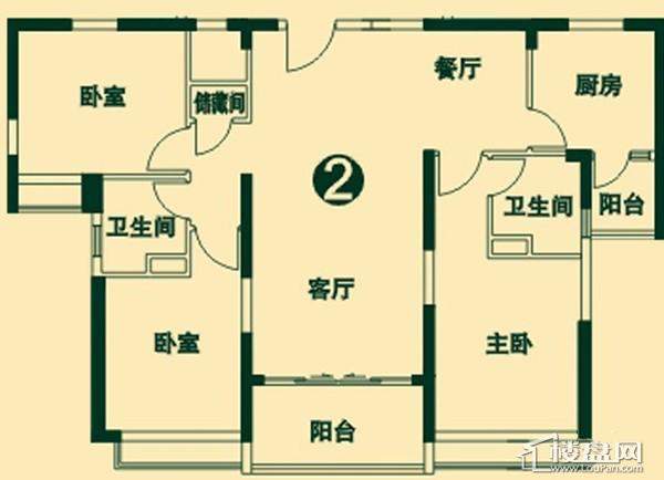 二期高层4号楼2单元2号户型3室2厅2卫1厨 