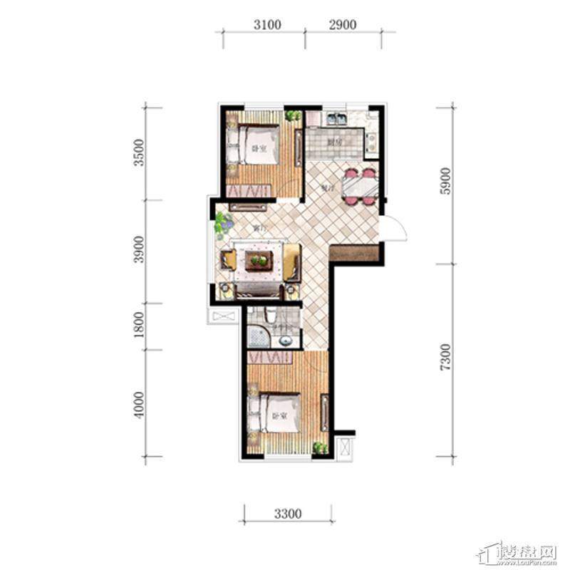 汇景园2#3#F户型2室2厅1卫 78.00㎡