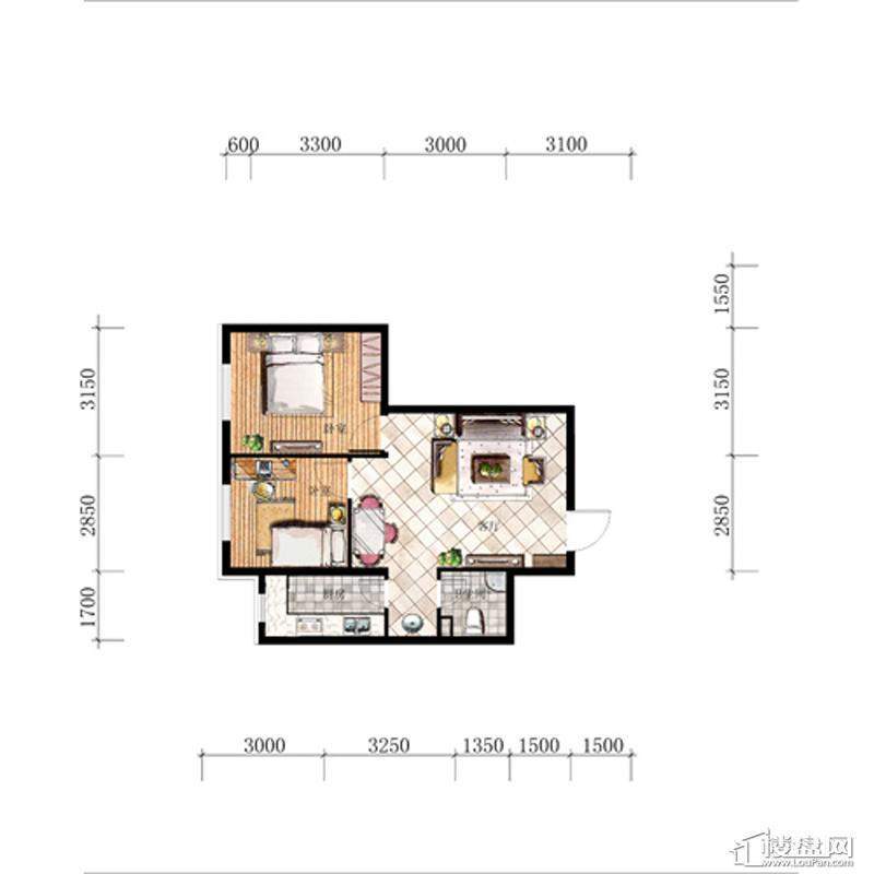 汇景园5#6#-C户型2室2厅1卫 65.90㎡