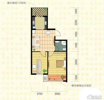 名仕雅居K-1户型2室2厅1卫1厨 