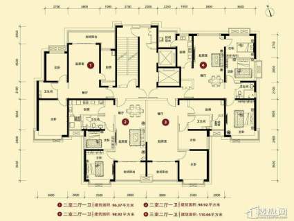 一期高层4#楼2-25层标准层户型2室2厅1卫1厨