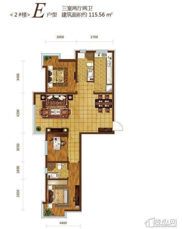 外滩叁号2号楼E户型115平3室2厅2卫1厨 