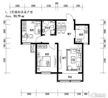 1、2号楼标准层两室户型2室2厅1卫1厨 