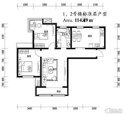 1、2号楼标准层两室户型2室2厅1卫1厨 