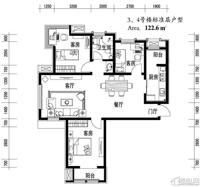 3、4号楼标准层三室户型3室2厅1卫1厨 