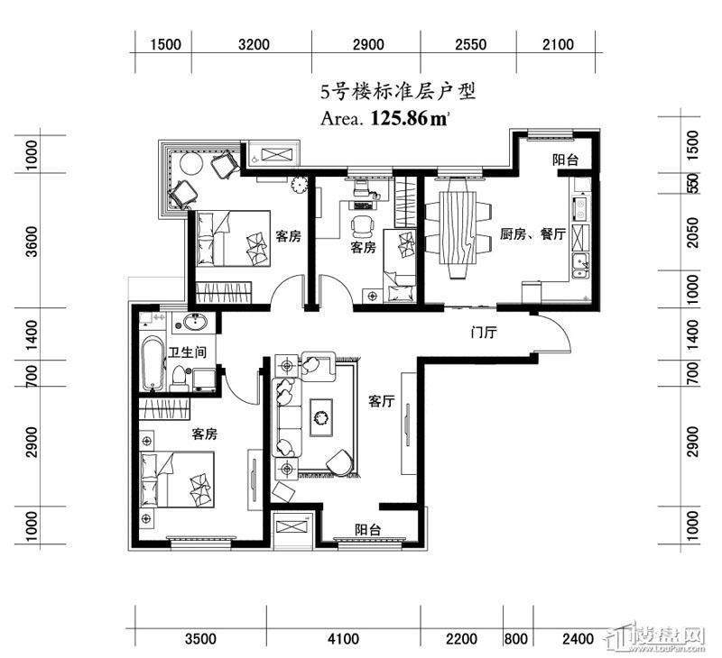 5号楼标准层三室户型3室2厅1卫1厨 