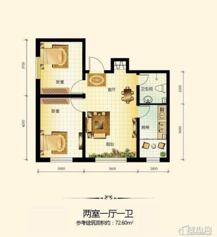 宇光万和城1号楼户型图2室1厅1卫1厨 