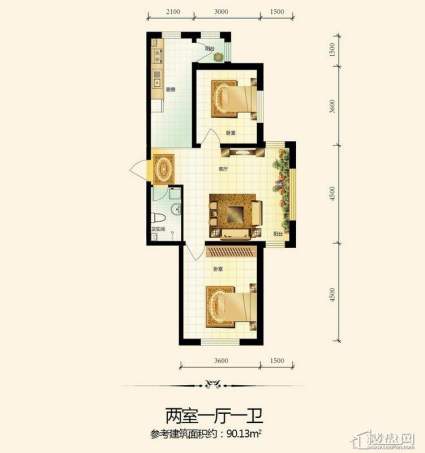 宇光万和城1号楼户型图2室1厅1卫1厨 