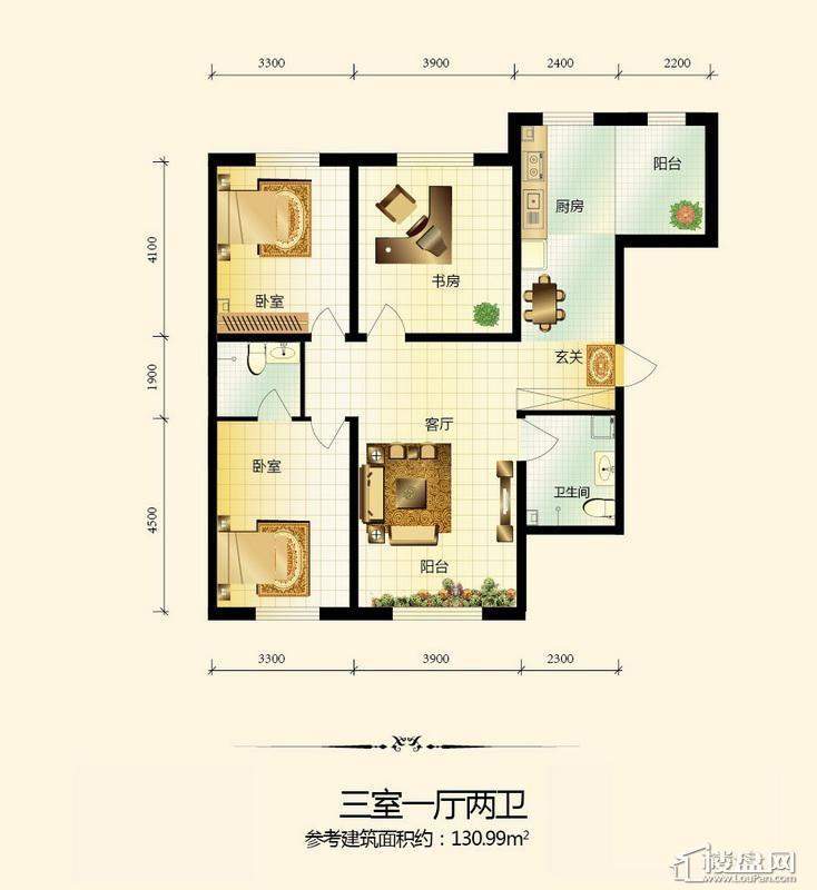 宇光万和城1号楼户型图3室1厅2卫1厨 