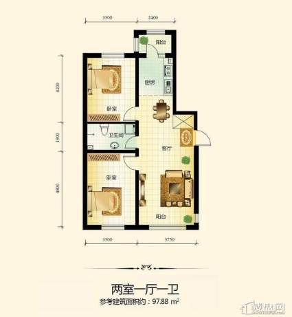 宇光万和城2号楼户型图2室1厅1卫1厨 