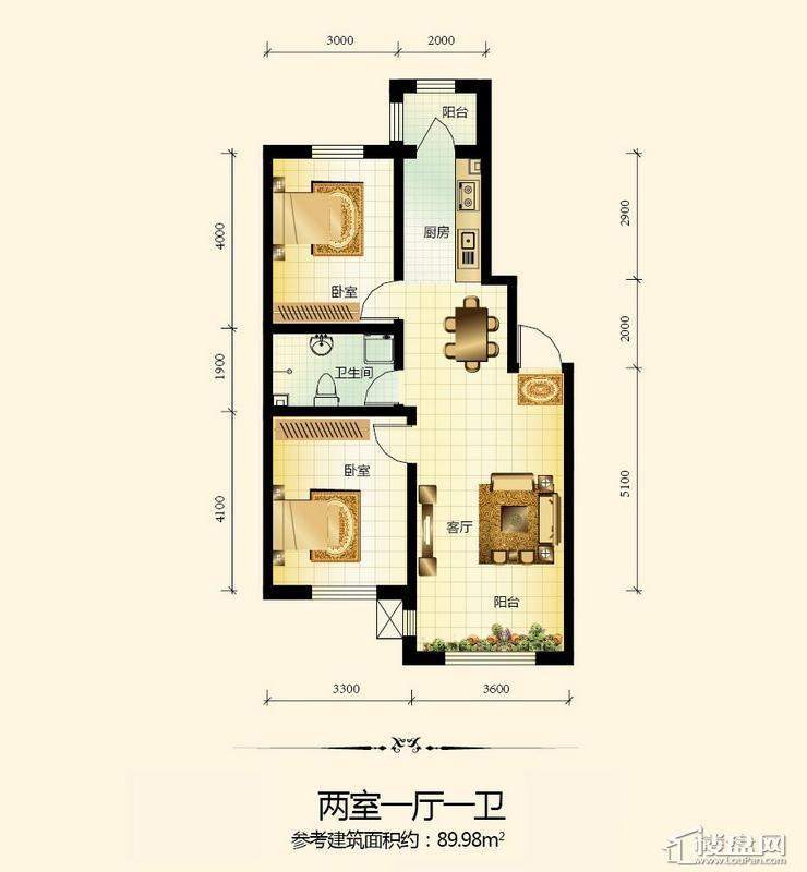 宇光万和城12号楼户型图2室1厅1卫1厨 