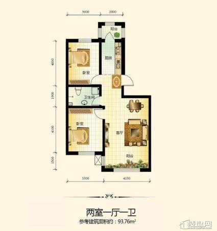 宇光万和城12号楼户型图2室1厅1卫1厨 