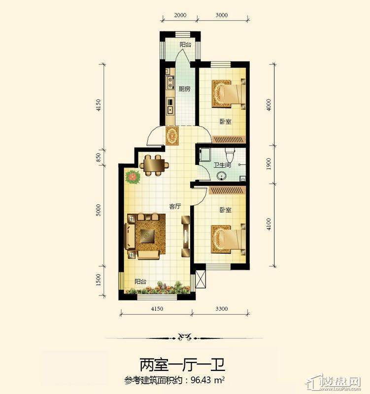 宇光万和城23号楼户型图2室1厅1卫1厨 