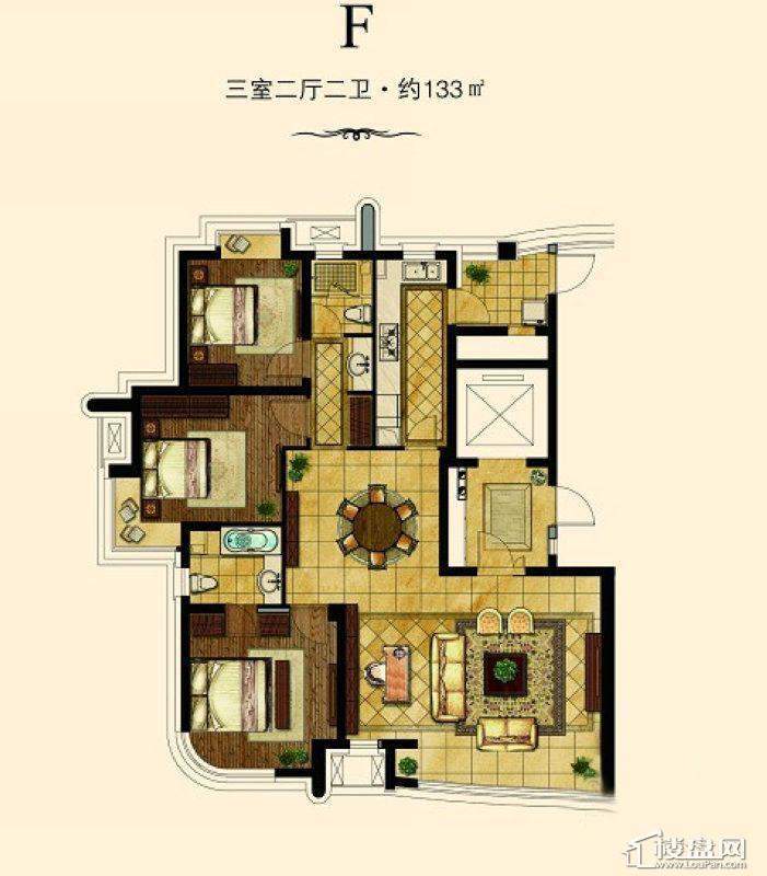 龙净·运河湾3号f户型3室2厅2卫