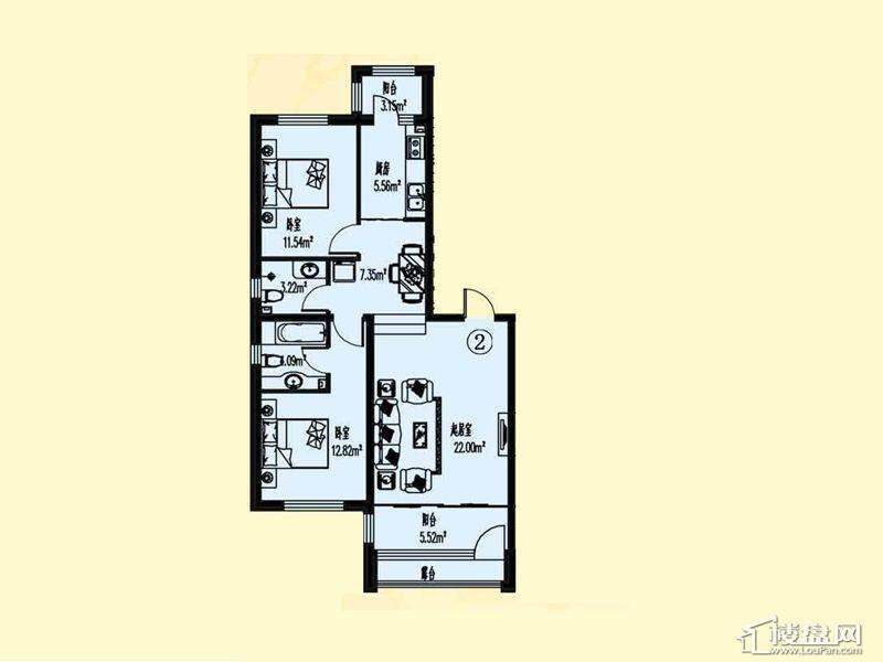 萧乡明珠C户型图2室2厅2卫1厨 