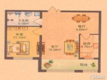 保利清华颐园B户型图1室1厅1卫1厨 