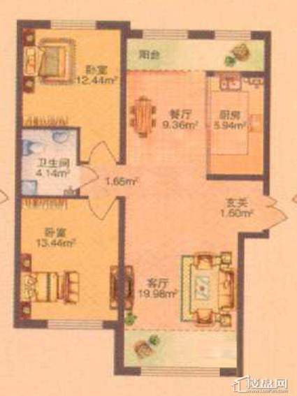 保利清华颐园E户型图2室2厅1卫1厨 